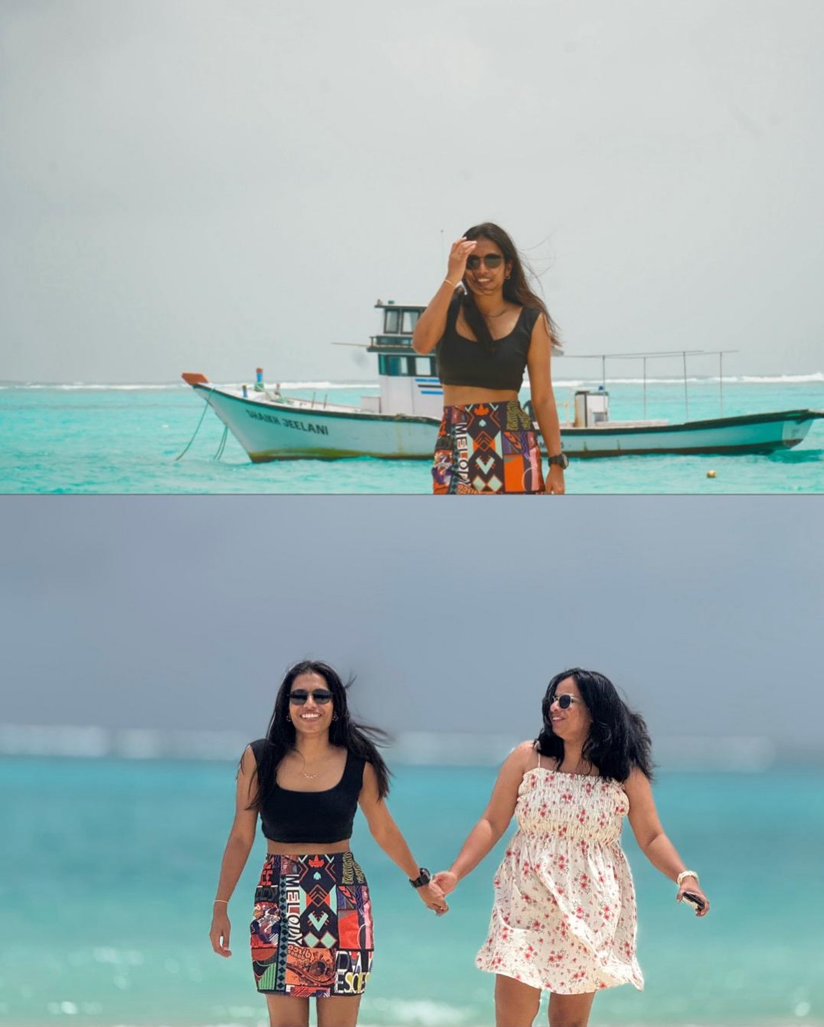 Friends by a traditional fishing boat on the turquoise lagoon