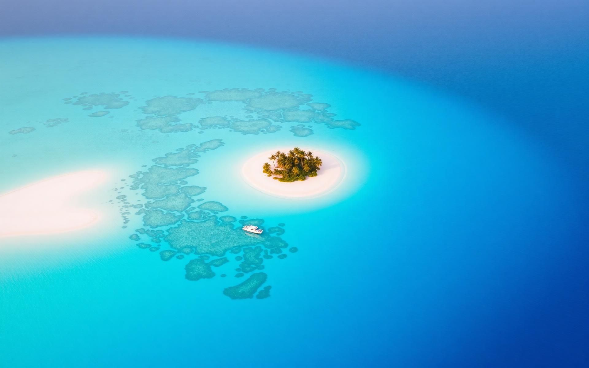 Aerial view of a Lakshadweep island surrounded by turquoise lagoons